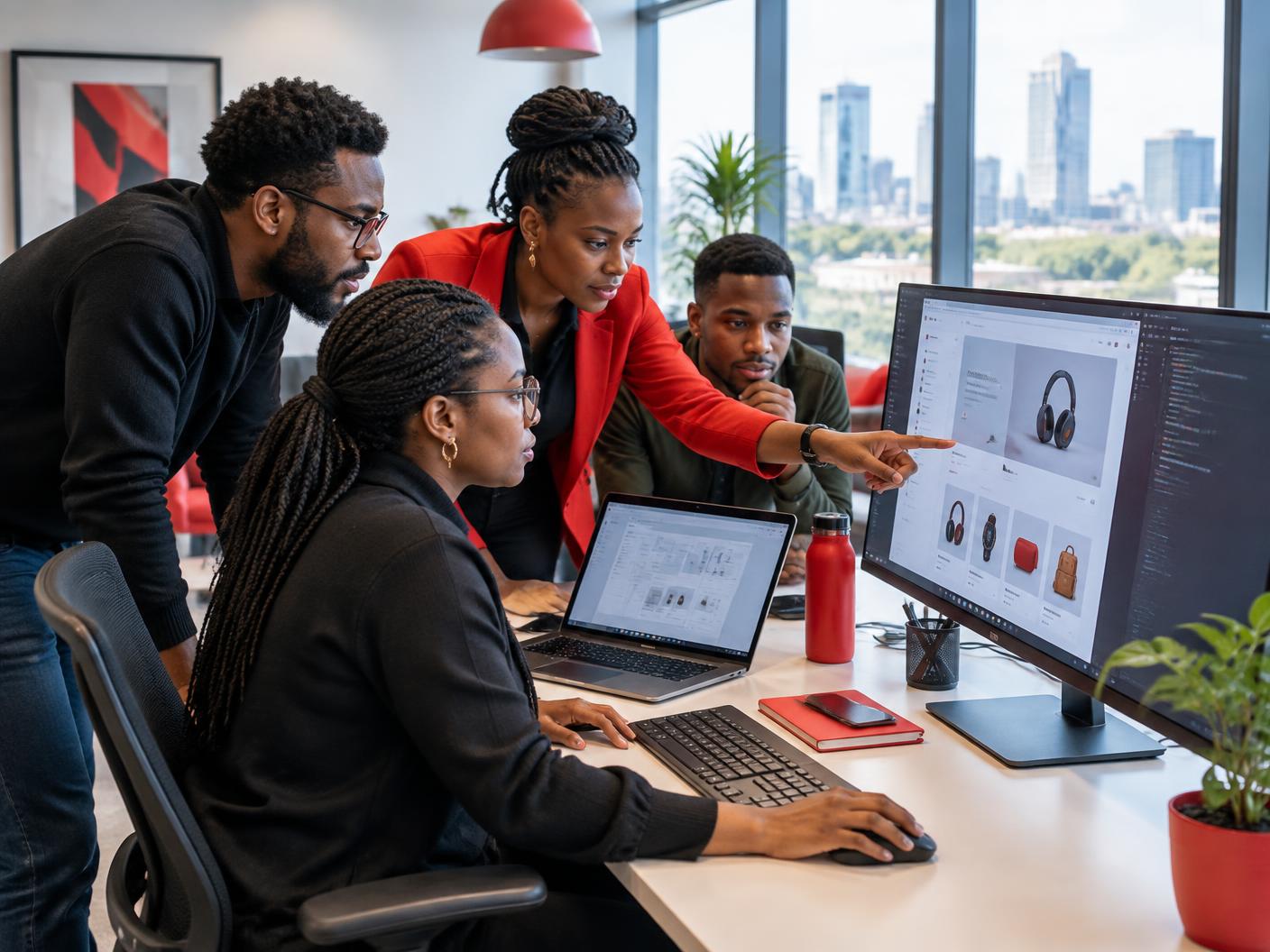 African product and engineering team reviewing an e-commerce platform in a Nairobi office