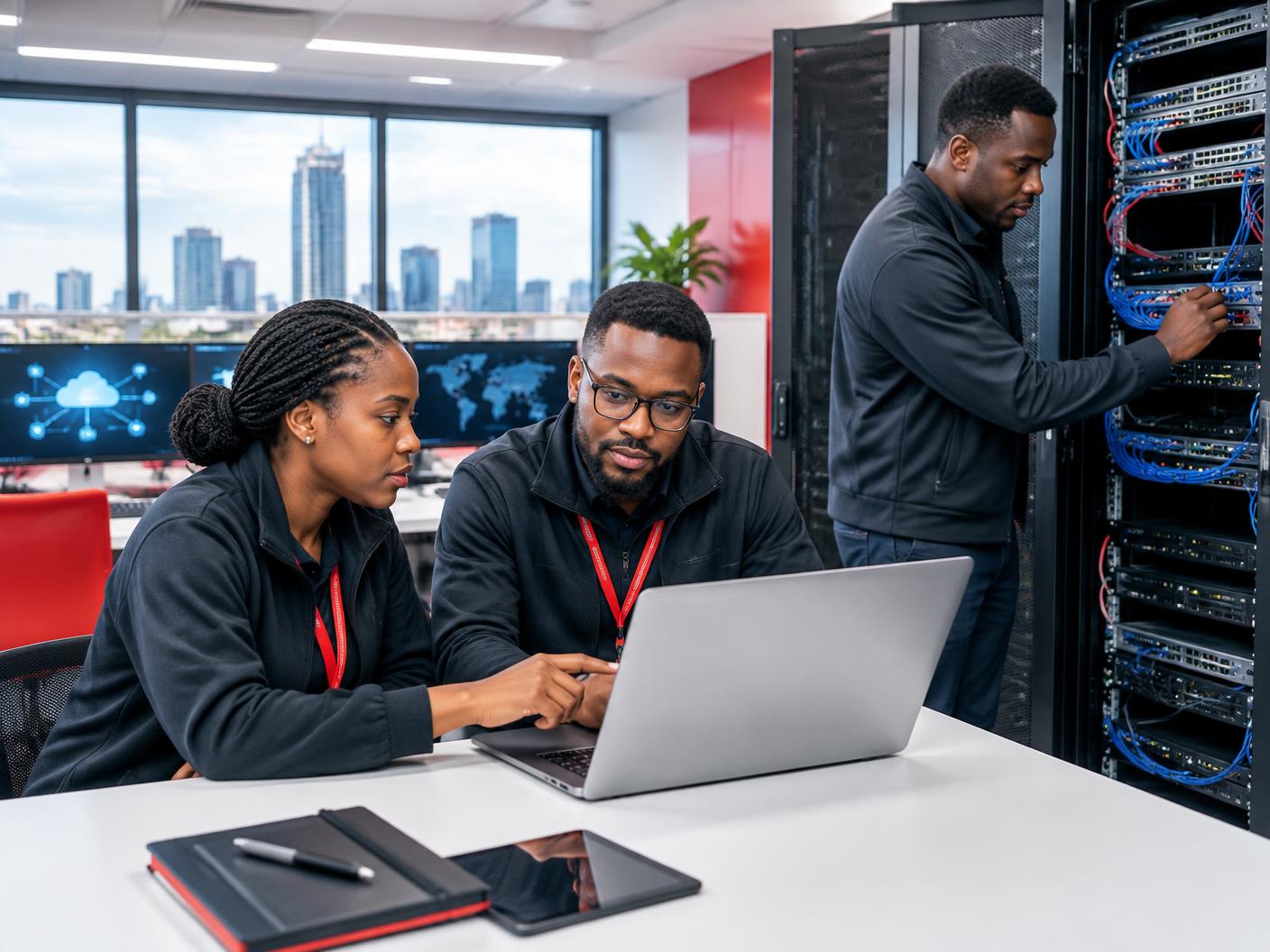 African IT infrastructure engineers managing cloud and network equipment