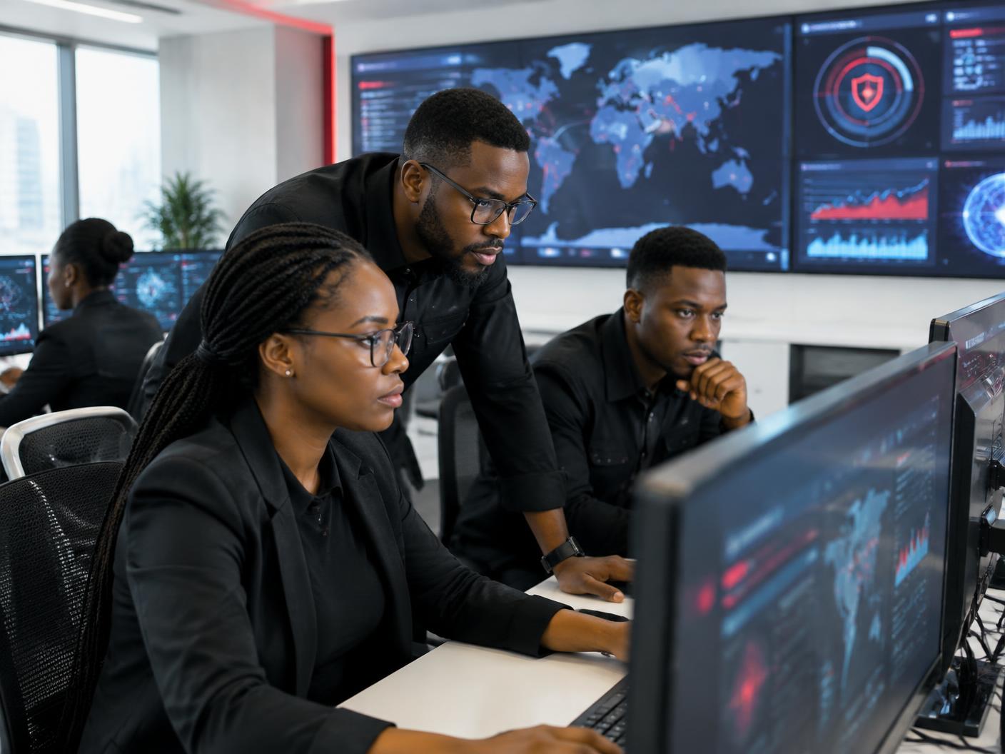 African cybersecurity specialists monitoring network security dashboards